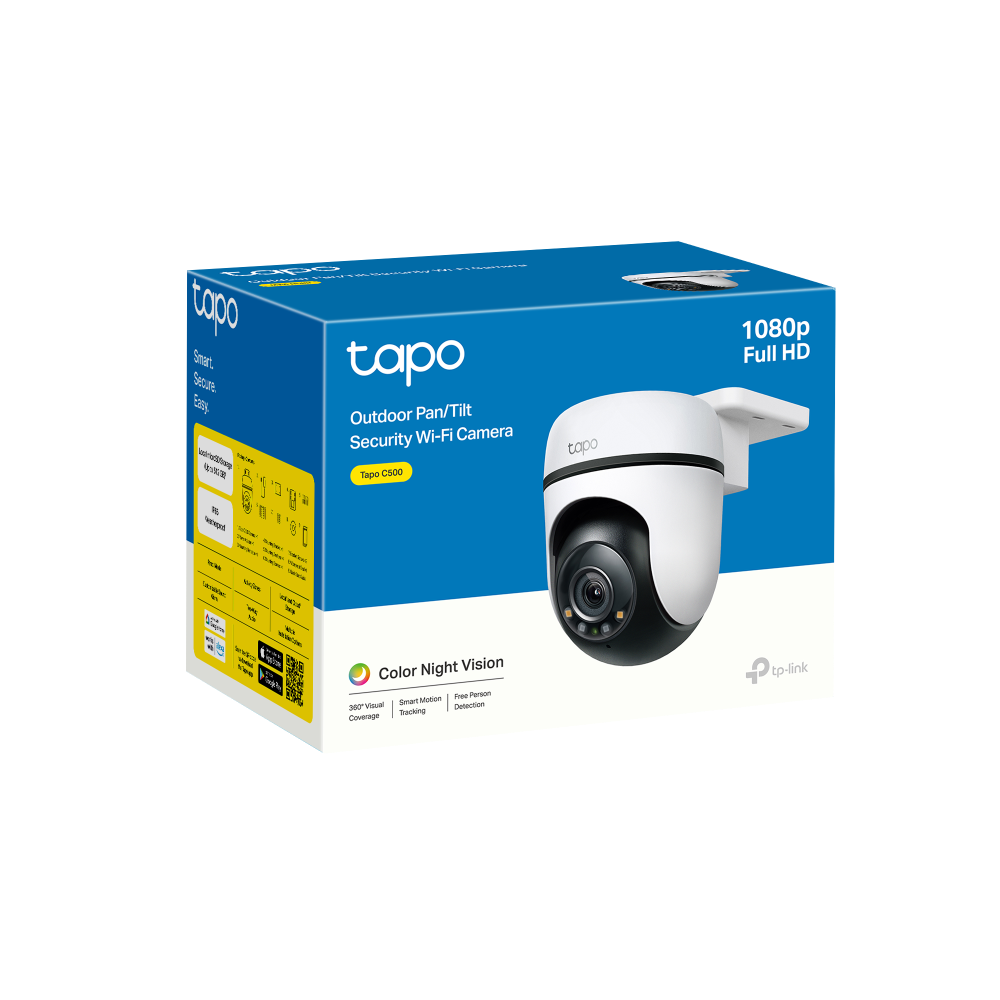 TP-Link Tapo C500 kamerë sigurie WiFi PTZ për ambiente të jashtme me rezolucion Full HD 1080p, rrotullim 360°, vizion nate deri në 30 metra, AI Person Detection, Motion Detection, Tamper Detection, audio me dy drejtime, sirenë 90 dB, ONVIF, RTSP, microSD deri në 512GB, IP65, Google Assistant dhe Alexa.
