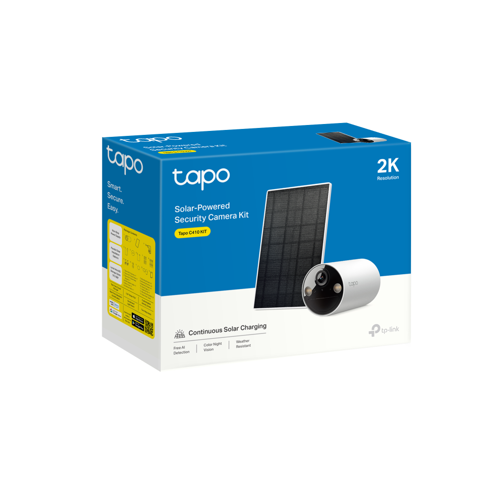TP-Link Tapo SolarCam Kit kamerë sigurie WiFi me panel diellor, rezolucion 2K 3MP, Color Night Vision deri në 9 metra, Smart Person Detection, njoftime inteligjente në telefon, ruajtje në microSD deri në 512GB, zona monitorimi të personalizuara dhe mbrojtje IP65. Kamerë ideale për shtëpi, vila dhe biznese në Shqipëri.