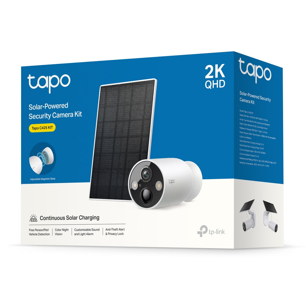TP-Link Tapo SolarCam Kit kamerë sigurie WiFi me panel diellor, rezolucion 2K, bateri me autonomi deri në 300 ditë, AI për zbulimin e personave dhe automjeteve, Color Night Vision me Spotlight, ruajtje lokale të mbrojtur me fjalëkalim dhe instalim pa kabllo. Kamerë ideale për shtëpi, vila dhe biznese në Shqipëri.