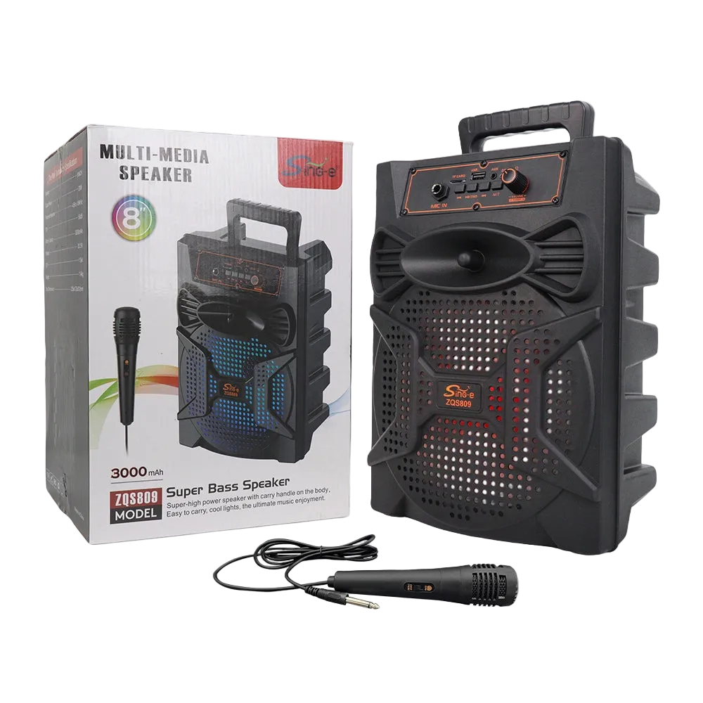 ZQS809 Professional altoparlant Bluetooth me woofer 8 inç, fuqi 9W, bateri 1800mAh, Bluetooth, USB, kartë TF, AUX, Radio FM, TWS dhe hyrje për mikrofon. Altoparlant portativ ideal për karaoke, festa, udhëtime, kamping dhe përdorim në ambiente të brendshme dhe të jashtme.
