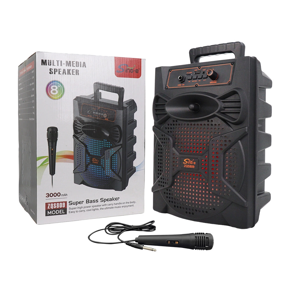 ZQS809 Professional altoparlant Bluetooth me woofer 8 inç, fuqi 9W, bateri 1800mAh, Bluetooth, USB, kartë TF, AUX, Radio FM, TWS dhe hyrje për mikrofon. Altoparlant portativ ideal për karaoke, festa, udhëtime, kamping dhe përdorim në ambiente të brendshme dhe të jashtme.