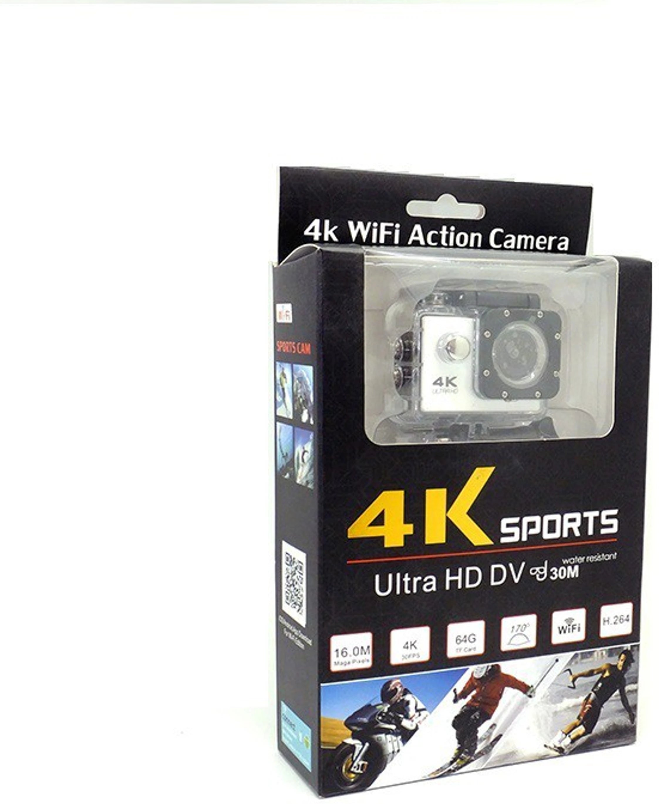 4K Sports Ultra HD Action Camera rezistente ndaj ujit deri në 30 metra me regjistrim 4K Ultra HD, Bluetooth, kënd të gjerë dhe kasë waterproof. Kamerë sportive për motoçiklizëm, çiklizëm, zhytje, ski, peshkim, udhëtime dhe sporte ekstreme. Action Camera 4K për video profesionale me cilësi të lartë, ideale për aventurat në Shqipëri.