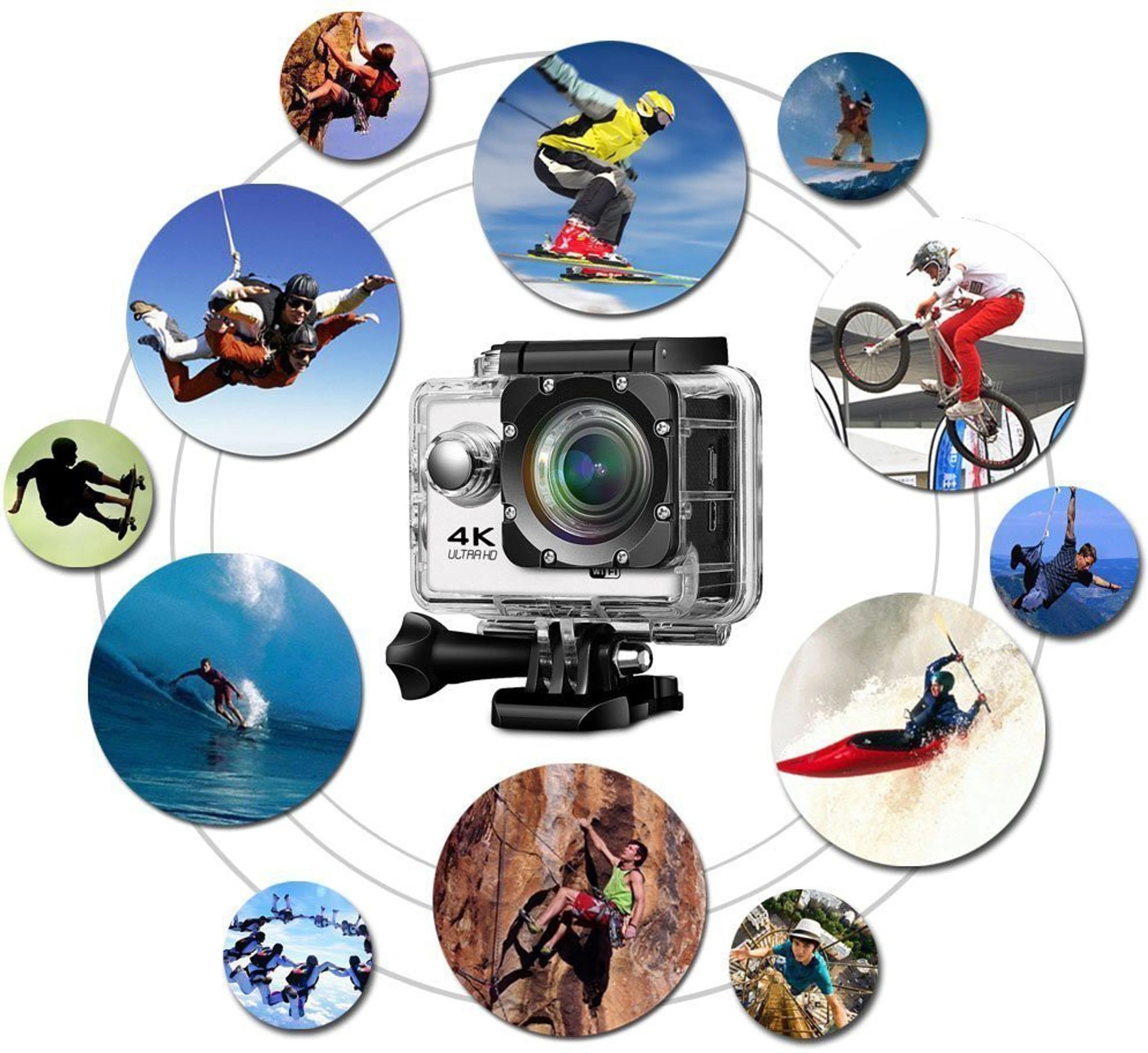 4K Sports Ultra HD Action Camera rezistente ndaj ujit deri në 30 metra me regjistrim 4K Ultra HD, Bluetooth, kënd të gjerë dhe kasë waterproof. Kamerë sportive për motoçiklizëm, çiklizëm, zhytje, ski, peshkim, udhëtime dhe sporte ekstreme. Action Camera 4K për video profesionale me cilësi të lartë, ideale për aventurat në Shqipëri.
