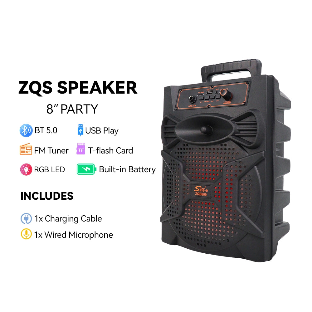 ZQS809 Professional altoparlant Bluetooth me woofer 8 inç, fuqi 9W, bateri 1800mAh, Bluetooth, USB, kartë TF, AUX, Radio FM, TWS dhe hyrje për mikrofon. Altoparlant portativ ideal për karaoke, festa, udhëtime, kamping dhe përdorim në ambiente të brendshme dhe të jashtme.