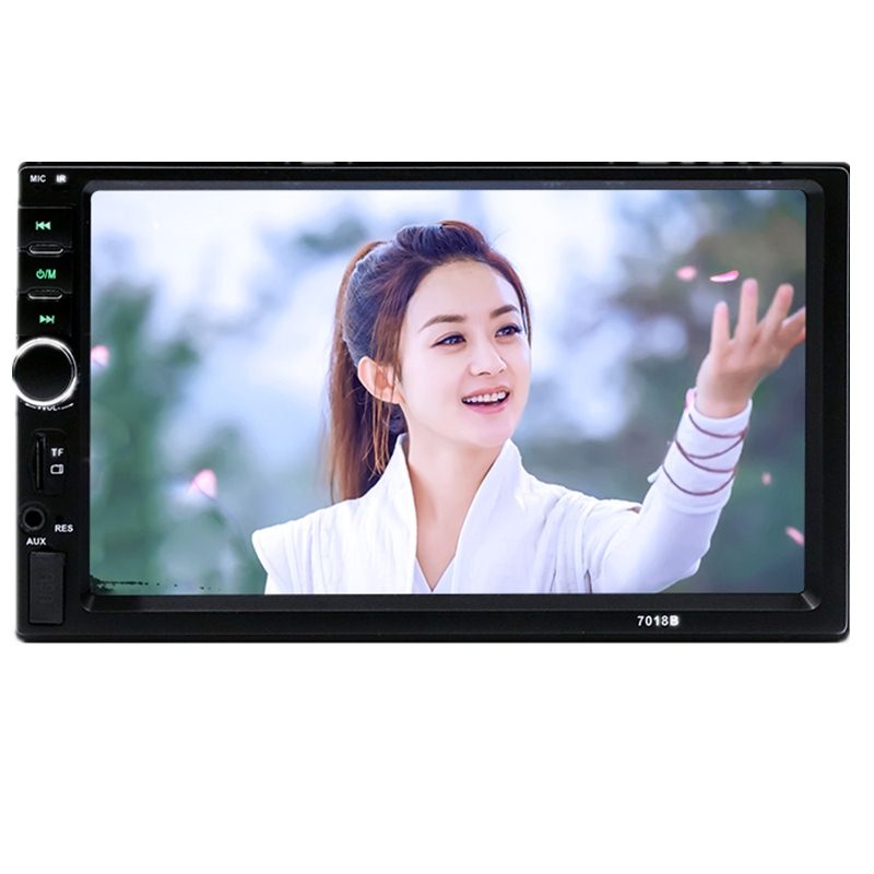 7018B autoradio 2DIN me ekran 7 inç Touch Screen, Bluetooth Hands-Free, USB, SD Card, TF Card, MP3 MP4 Player, Radio FM, Mirror Link, mbështetje për kamerën e pasme, kontroll nga timoni dhe rezolucion 800×480. Multimedia ideale për makina në Shqipëri me instalim universal.