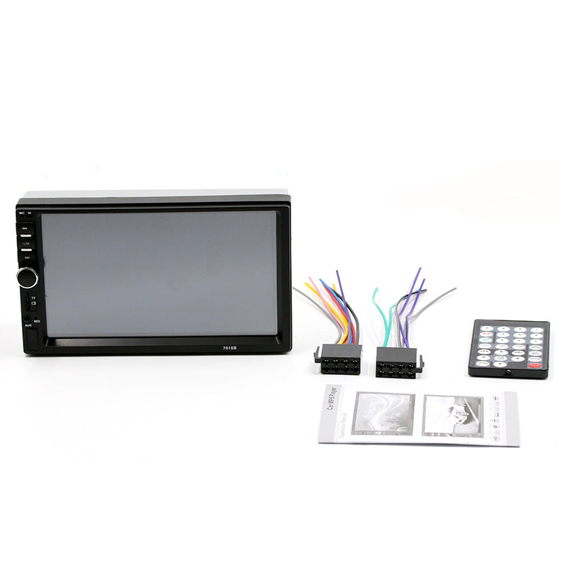 7018B autoradio 2DIN me ekran 7 inç Touch Screen, Bluetooth Hands-Free, USB, SD Card, TF Card, MP3 MP4 Player, Radio FM, Mirror Link, mbështetje për kamerën e pasme, kontroll nga timoni dhe rezolucion 800×480. Multimedia ideale për makina në Shqipëri me instalim universal.