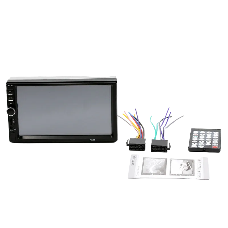7018B autoradio 2DIN me ekran 7 inç Touch Screen, Bluetooth Hands-Free, USB, SD Card, TF Card, MP3 MP4 Player, Radio FM, Mirror Link, mbështetje për kamerën e pasme, kontroll nga timoni dhe rezolucion 800×480. Multimedia ideale për makina në Shqipëri me instalim universal.