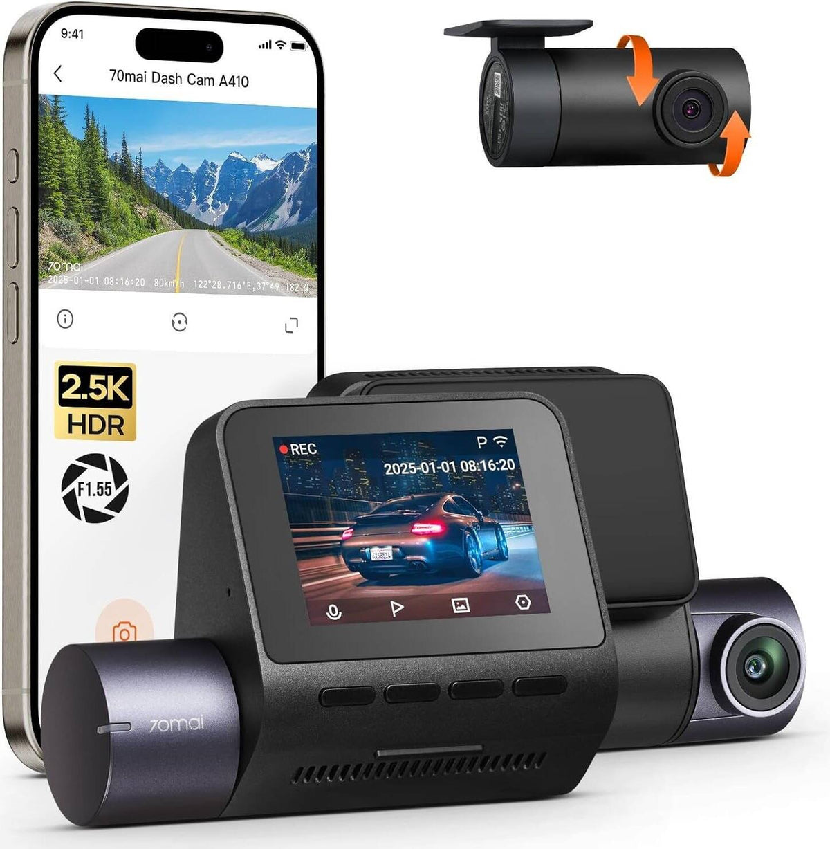 70mai A410 kamerë makine Dash Cam 2K 2560×1440p me HDR, GPS të integruar, ekran 2 inç, kontroll nga aplikacioni, regjistrim me dy kanale dhe MicroSD deri në 256GB.
