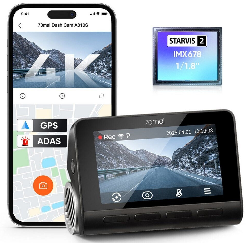 70mai A810S HDR Set kamerë makine 4K me sensor Sony STARVIS 2 IMX678, HDR, Night Vision, WiFi 6, GPS, ADAS, AI Parking Mode dhe Rear Camera Set.