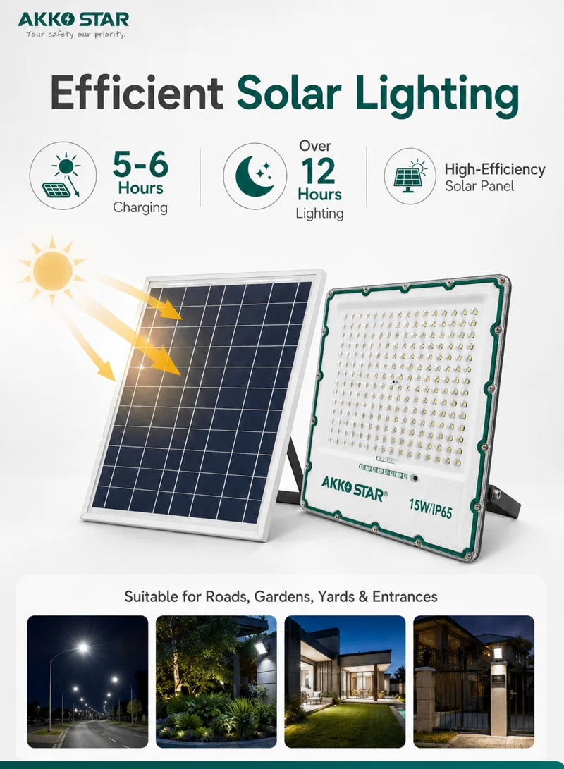 AKKO STAR AK503984 projektor LED solar 15W me panel diellor 22W, ndriçim 2400 lumen, dritë 6500K Daylight, mbrojtje IP65, telekomandë me dimmer dhe timer, kënd rrotullimi 270°, trup alumini Die-Cast dhe autonomi deri në 12 orë. Ideal për kopshte, oborre, parkingje, hyrje dhe ndriçim sigurie në Shqipëri.