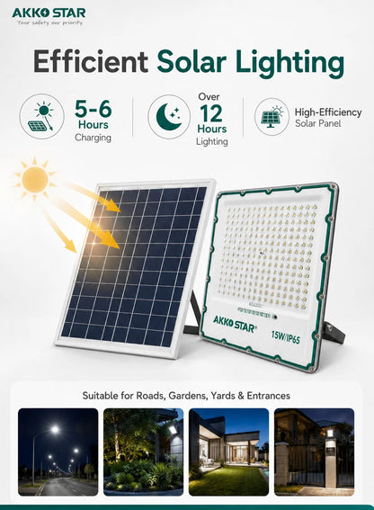 AKKO STAR AK503984 projektor LED solar 15W me panel diellor 22W, ndriçim 2400 lumen, dritë 6500K Daylight, mbrojtje IP65, telekomandë me dimmer dhe timer, kënd rrotullimi 270°, trup alumini Die-Cast dhe autonomi deri në 12 orë. Ideal për kopshte, oborre, parkingje, hyrje dhe ndriçim sigurie në Shqipëri.