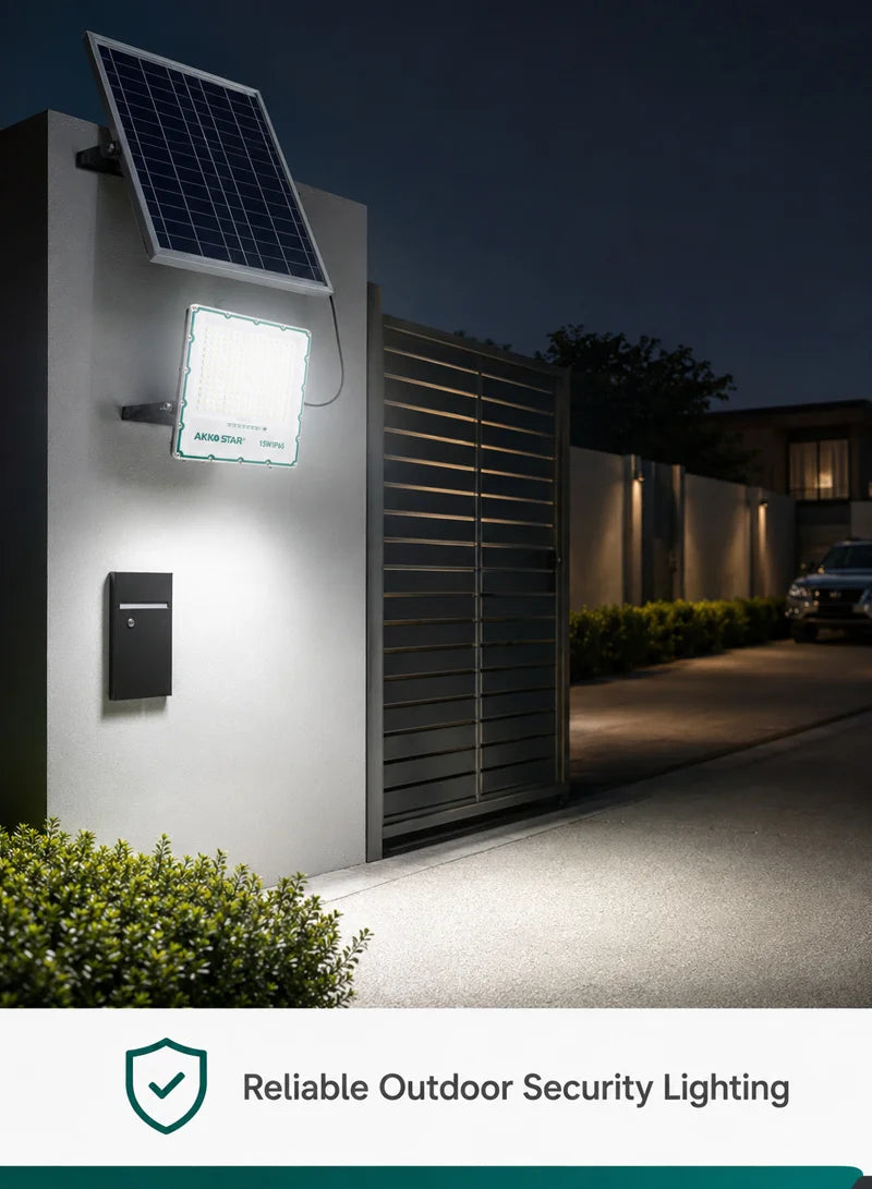 AKKO STAR AK503984 projektor LED solar 15W me panel diellor 22W, ndriçim 2400 lumen, dritë 6500K Daylight, mbrojtje IP65, telekomandë me dimmer dhe timer, kënd rrotullimi 270°, trup alumini Die-Cast dhe autonomi deri në 12 orë. Ideal për kopshte, oborre, parkingje, hyrje dhe ndriçim sigurie në Shqipëri.