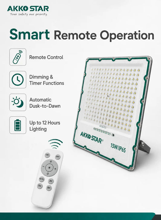 AKKO STAR AK503984 projektor LED solar 15W me panel diellor 22W, ndriçim 2400 lumen, dritë 6500K Daylight, mbrojtje IP65, telekomandë me dimmer dhe timer, kënd rrotullimi 270°, trup alumini Die-Cast dhe autonomi deri në 12 orë. Ideal për kopshte, oborre, parkingje, hyrje dhe ndriçim sigurie në Shqipëri.