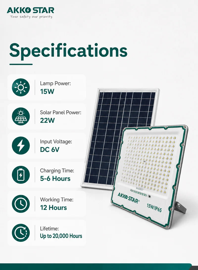 AKKO STAR AK503984 projektor LED solar 15W me panel diellor 22W, ndriçim 2400 lumen, dritë 6500K Daylight, mbrojtje IP65, telekomandë me dimmer dhe timer, kënd rrotullimi 270°, trup alumini Die-Cast dhe autonomi deri në 12 orë. Ideal për kopshte, oborre, parkingje, hyrje dhe ndriçim sigurie në Shqipëri.