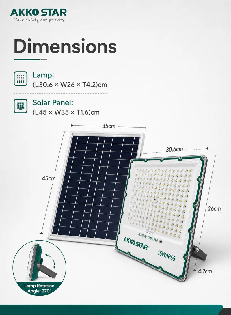 AKKO STAR AK503984 projektor LED solar 15W me panel diellor 22W, ndriçim 2400 lumen, dritë 6500K Daylight, mbrojtje IP65, telekomandë me dimmer dhe timer, kënd rrotullimi 270°, trup alumini Die-Cast dhe autonomi deri në 12 orë. Ideal për kopshte, oborre, parkingje, hyrje dhe ndriçim sigurie në Shqipëri.