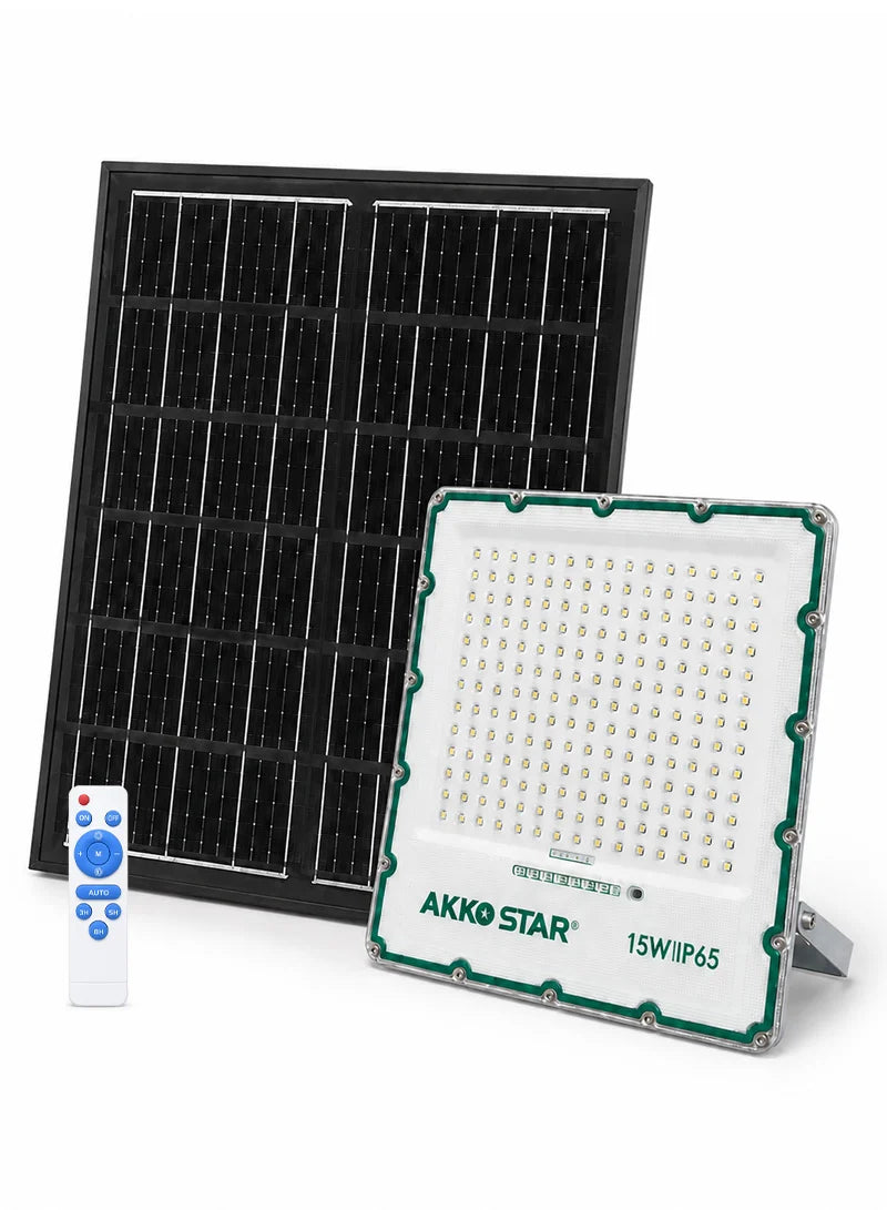 AKKO STAR AK503984 projektor LED solar 15W me panel diellor 22W, ndriçim 2400 lumen, dritë 6500K Daylight, mbrojtje IP65, telekomandë me dimmer dhe timer, kënd rrotullimi 270°, trup alumini Die-Cast dhe autonomi deri në 12 orë. Ideal për kopshte, oborre, parkingje, hyrje dhe ndriçim sigurie në Shqipëri.