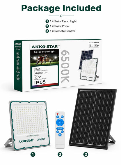 AKKO STAR AK503991 projektor LED solar 20W me panel diellor monokristalin, ndriçim 3200 lumen, dritë 6500K, mbrojtje IP65, telekomandë me kontroll të kohës dhe dritës, kënd ndriçimi 120°, karikim 5–6 orë dhe autonomi deri në 12 orë. Ideal për kopshte, oborre, parkingje, stadiume dhe ambiente të jashtme në Shqipëri.