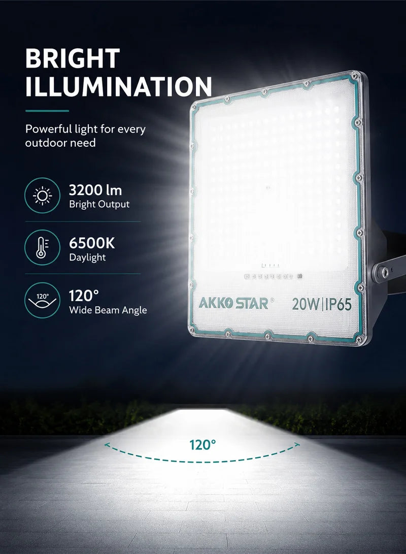 AKKO STAR AK503991 projektor LED solar 20W me panel diellor monokristalin, ndriçim 3200 lumen, dritë 6500K, mbrojtje IP65, telekomandë me kontroll të kohës dhe dritës, kënd ndriçimi 120°, karikim 5–6 orë dhe autonomi deri në 12 orë. Ideal për kopshte, oborre, parkingje, stadiume dhe ambiente të jashtme në Shqipëri.