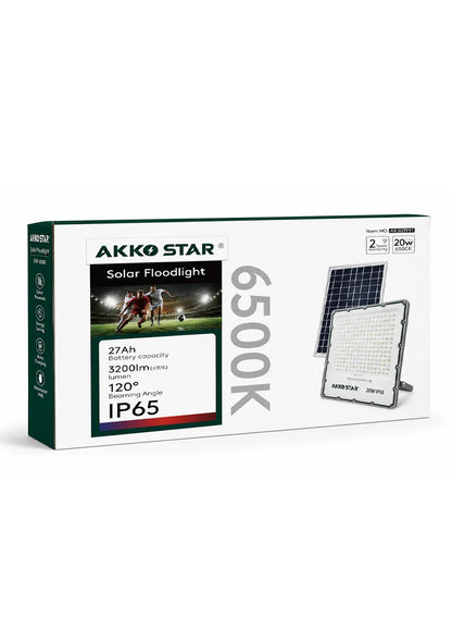 AKKO STAR AK503991 projektor LED solar 20W me panel diellor monokristalin, ndriçim 3200 lumen, dritë 6500K, mbrojtje IP65, telekomandë me kontroll të kohës dhe dritës, kënd ndriçimi 120°, karikim 5–6 orë dhe autonomi deri në 12 orë. Ideal për kopshte, oborre, parkingje, stadiume dhe ambiente të jashtme në Shqipëri.