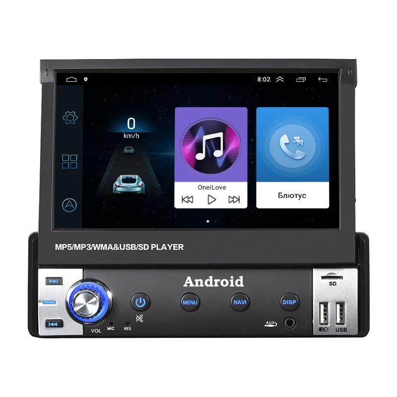 Autoradio 1DIN Android me ekran 7 inç Touch Screen të palosshëm, GPS Navigation, Bluetooth për telefonata dhe muzikë, Radio FM, MP3 MP4 Player, 2 porta USB, SD Card, AUX, mbështetje për kamerën e pasme dhe instalim universal. Multimedia ideale për makina në Shqipëri.
