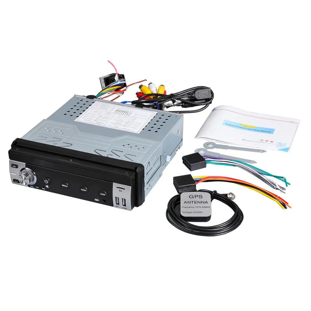 Autoradio 1DIN Android me ekran 7 inç Touch Screen të palosshëm, GPS Navigation, Bluetooth për telefonata dhe muzikë, Radio FM, MP3 MP4 Player, 2 porta USB, SD Card, AUX, mbështetje për kamerën e pasme dhe instalim universal. Multimedia ideale për makina në Shqipëri.