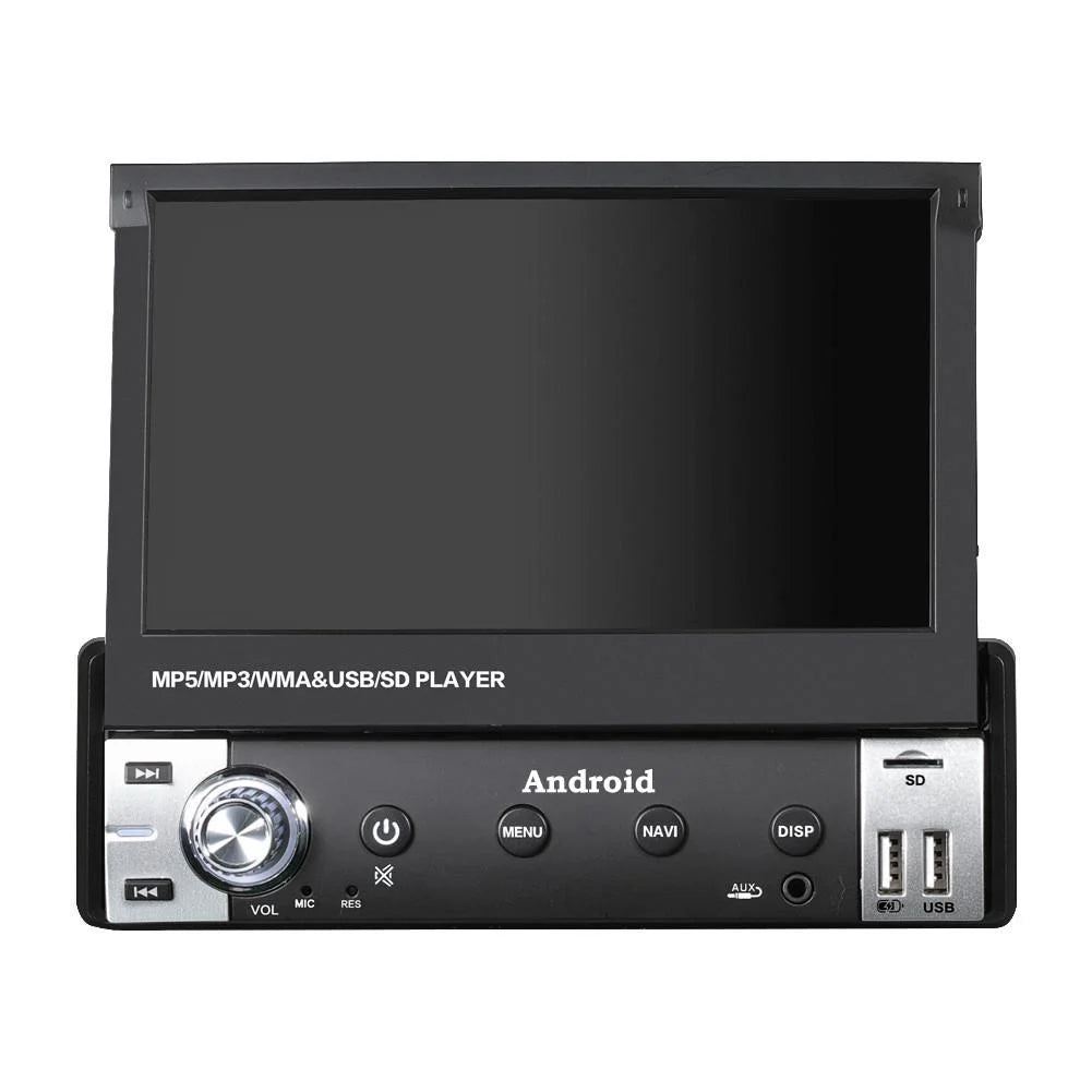 Autoradio 1DIN Android me ekran 7 inç Touch Screen të palosshëm, GPS Navigation, Bluetooth për telefonata dhe muzikë, Radio FM, MP3 MP4 Player, 2 porta USB, SD Card, AUX, mbështetje për kamerën e pasme dhe instalim universal. Multimedia ideale për makina në Shqipëri.