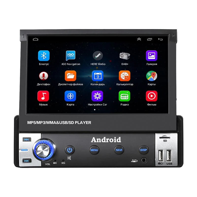 Autoradio 1DIN Android me ekran 7 inç Touch Screen të palosshëm, GPS Navigation, Bluetooth për telefonata dhe muzikë, Radio FM, MP3 MP4 Player, 2 porta USB, SD Card, AUX, mbështetje për kamerën e pasme dhe instalim universal. Multimedia ideale për makina në Shqipëri.