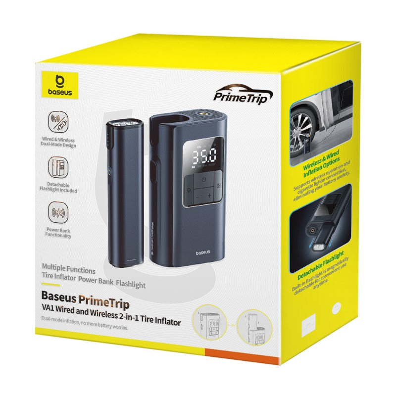 Baseus PrimeTrip VA1 pompë ajri portative 2 në 1 me kabllo dhe pa kabllo, kompresor gomash 75W, bateri 6000mAh, ekran inteligjent LCD, Auto Stop, power bank me USB-A dhe USB-C, elektrik dore LED dhe fryrje të shpejtë për makina, motoçikleta, biçikleta dhe topa. Ideale për përdorim në Shqipëri. 