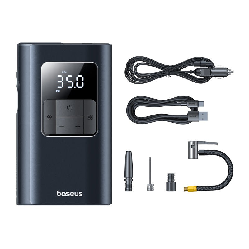 Baseus PrimeTrip VA1 pompë ajri portative 2 në 1 me kabllo dhe pa kabllo, kompresor gomash 75W, bateri 6000mAh, ekran inteligjent LCD, Auto Stop, power bank me USB-A dhe USB-C, elektrik dore LED dhe fryrje të shpejtë për makina, motoçikleta, biçikleta dhe topa. Ideale për përdorim në Shqipëri. 