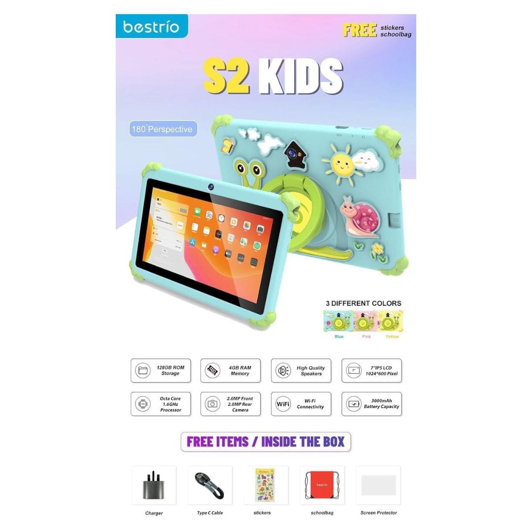 Bestrio S2 Kids Tablet 7 inç me ekran LCD, 4GB RAM, 128GB memorie, procesor Octa-Core, Wi-Fi, kasë mbrojtëse Child-Safe me mbajtëse dhe tablet edukativ për fëmijë. Ideal për mësim, lojëra edukative dhe përdorim të përditshëm në Shqipëri. 