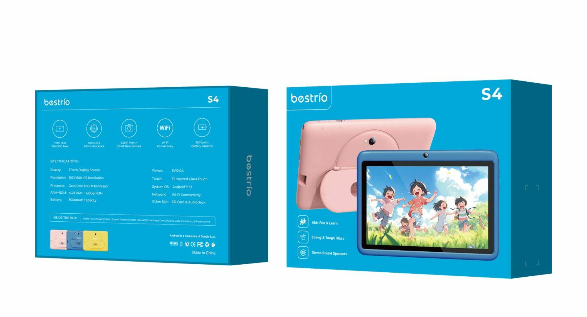 Bestrio Tab S4 Kids Tablet 7 inç me ekran IPS 1024×600, Android 13, procesor Octa-Core, 4GB RAM, 128GB memorie, Wi-Fi, kamerë 5MP + 2MP, bateri 3000mAh dhe kasë mbrojtëse për fëmijë. Tablet edukativ ideal për mësim, lojëra dhe argëtim në Shqipëri.
