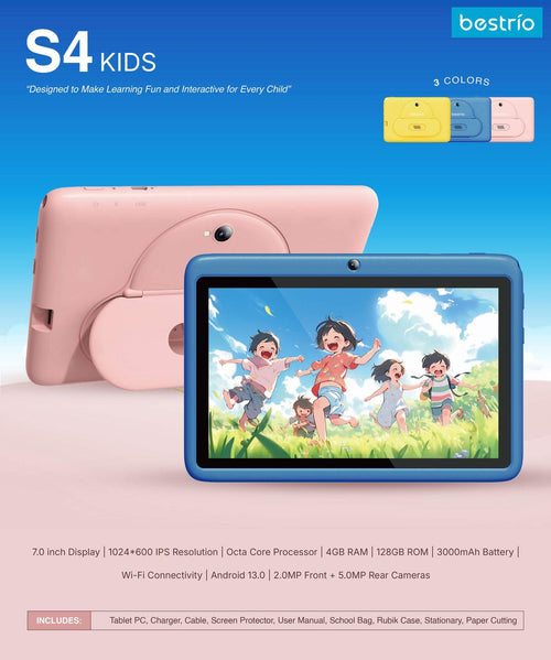 Bestrio Tab S4 Kids Tablet 7 inç me ekran IPS 1024×600, Android 13, procesor Octa-Core, 4GB RAM, 128GB memorie, Wi-Fi, kamerë 5MP + 2MP, bateri 3000mAh dhe kasë mbrojtëse për fëmijë. Tablet edukativ ideal për mësim, lojëra dhe argëtim në Shqipëri.