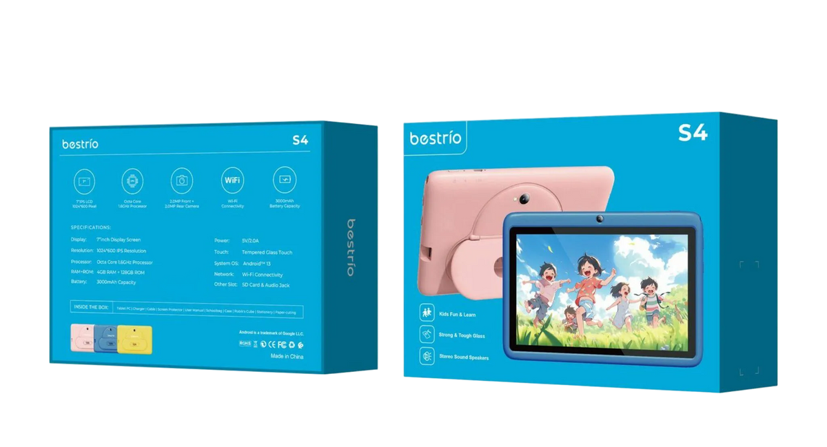 Bestrio Tab S4 Kids Tablet 7 inç me ekran IPS 1024×600, Android 13, procesor Octa-Core, 4GB RAM, 128GB memorie, Wi-Fi, kamerë 5MP + 2MP, bateri 3000mAh dhe kasë mbrojtëse për fëmijë. Tablet edukativ ideal për mësim, lojëra dhe argëtim në Shqipëri.