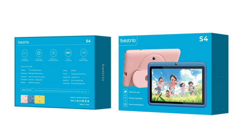 Bestrio Tab S4 Kids Tablet 7 inç me ekran IPS 1024×600, Android 13, procesor Octa-Core, 4GB RAM, 128GB memorie, Wi-Fi, kamerë 5MP + 2MP, bateri 3000mAh dhe kasë mbrojtëse për fëmijë. Tablet edukativ ideal për mësim, lojëra dhe argëtim në Shqipëri.