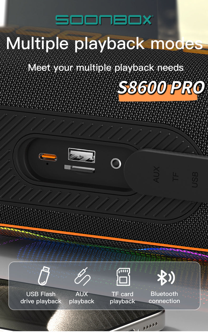 Boks me Bluetooth Soonbox S8600 Pro 60W IPX5 me ndriçim RGB për muzikë, festa dhe ambiente të jashtme