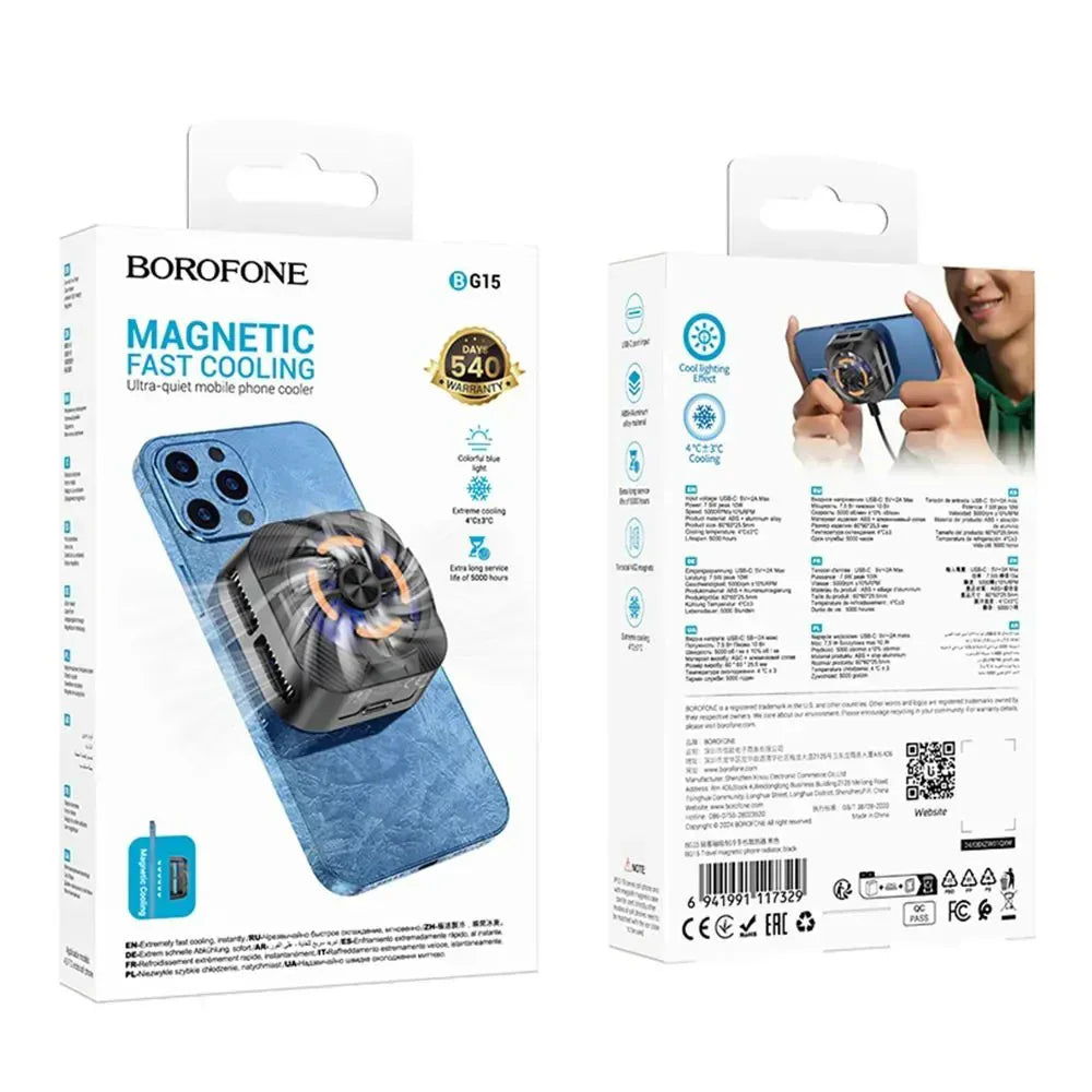 Borofone BG15 Gaming Phone Cooler me teknologji Semiconductor Cooling dhe ventilator 5000 RPM. Ftohës magnetik për telefon, ideal për gaming, livestream dhe përdorim intensiv. Material ABS dhe aliazh alumini, ftohje e shpejtë për smartphone Android dhe iPhone.
