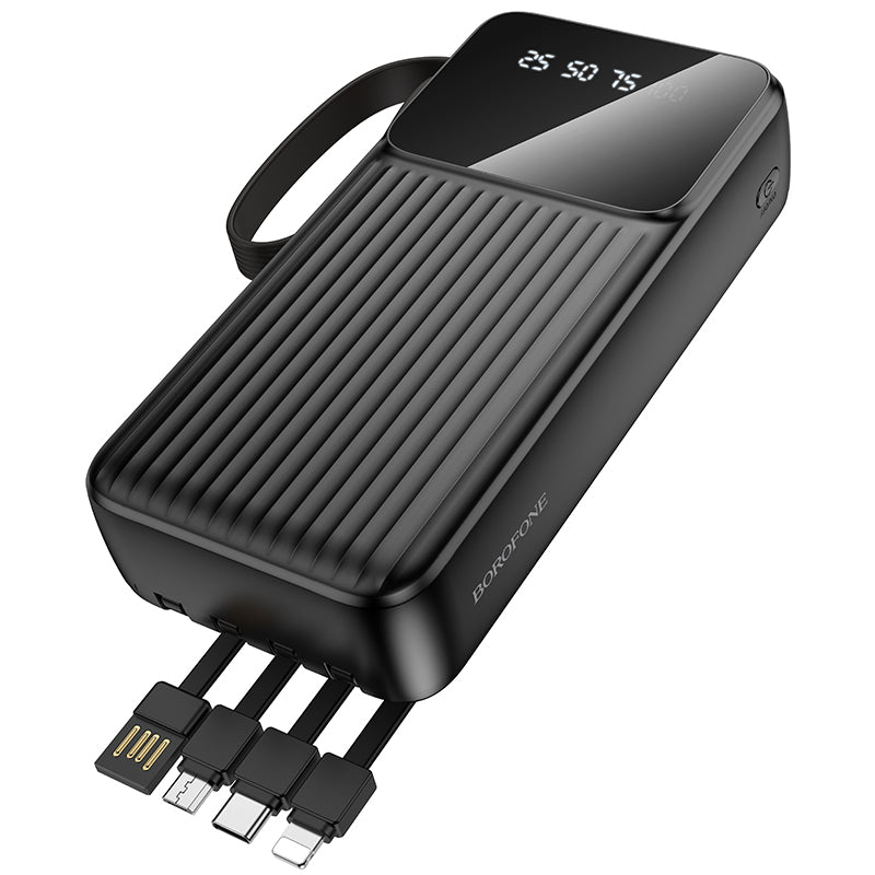 Borofone BJ76A Smart Power Bank 20000mAh me 3 hyrje USB-C, Lightning dhe Micro-USB, 5 dalje për karikimin e disa pajisjeve njëkohësisht, kabllo të integruara, material ABS + PC dhe dizajn kompakt. Power bank ideal për iPhone, Samsung, Xiaomi, Huawei dhe pajisje të tjera në Shqipëri. 