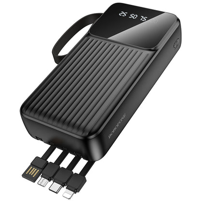 Borofone BJ76A Smart Power Bank 20000mAh me 3 hyrje USB-C, Lightning dhe Micro-USB, 5 dalje për karikimin e disa pajisjeve njëkohësisht, kabllo të integruara, material ABS + PC dhe dizajn kompakt. Power bank ideal për iPhone, Samsung, Xiaomi, Huawei dhe pajisje të tjera në Shqipëri. 