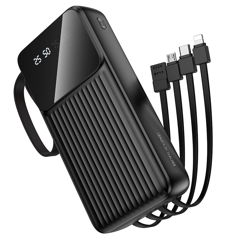 Borofone BJ76A Smart Power Bank 20000mAh me 3 hyrje USB-C, Lightning dhe Micro-USB, 5 dalje për karikimin e disa pajisjeve njëkohësisht, kabllo të integruara, material ABS + PC dhe dizajn kompakt. Power bank ideal për iPhone, Samsung, Xiaomi, Huawei dhe pajisje të tjera në Shqipëri. 