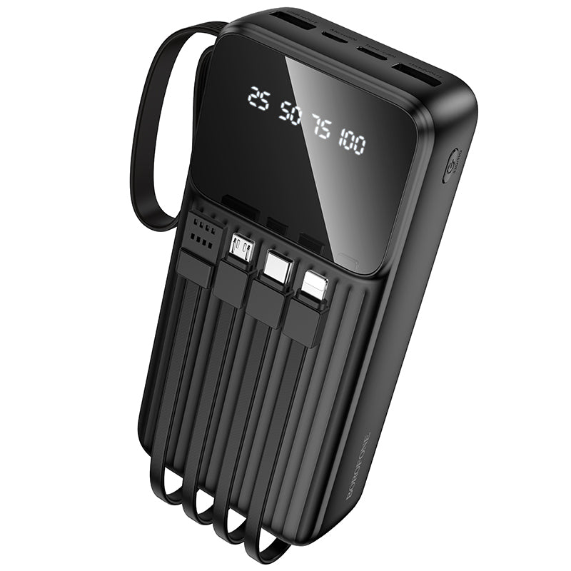 Borofone BJ76A Smart Power Bank 20000mAh me 3 hyrje USB-C, Lightning dhe Micro-USB, 5 dalje për karikimin e disa pajisjeve njëkohësisht, kabllo të integruara, material ABS + PC dhe dizajn kompakt. Power bank ideal për iPhone, Samsung, Xiaomi, Huawei dhe pajisje të tjera në Shqipëri. 
