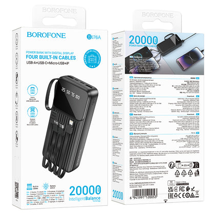 Borofone BJ76A Smart Power Bank 20000mAh me 3 hyrje USB-C, Lightning dhe Micro-USB, 5 dalje për karikimin e disa pajisjeve njëkohësisht, kabllo të integruara, material ABS + PC dhe dizajn kompakt. Power bank ideal për iPhone, Samsung, Xiaomi, Huawei dhe pajisje të tjera në Shqipëri. 