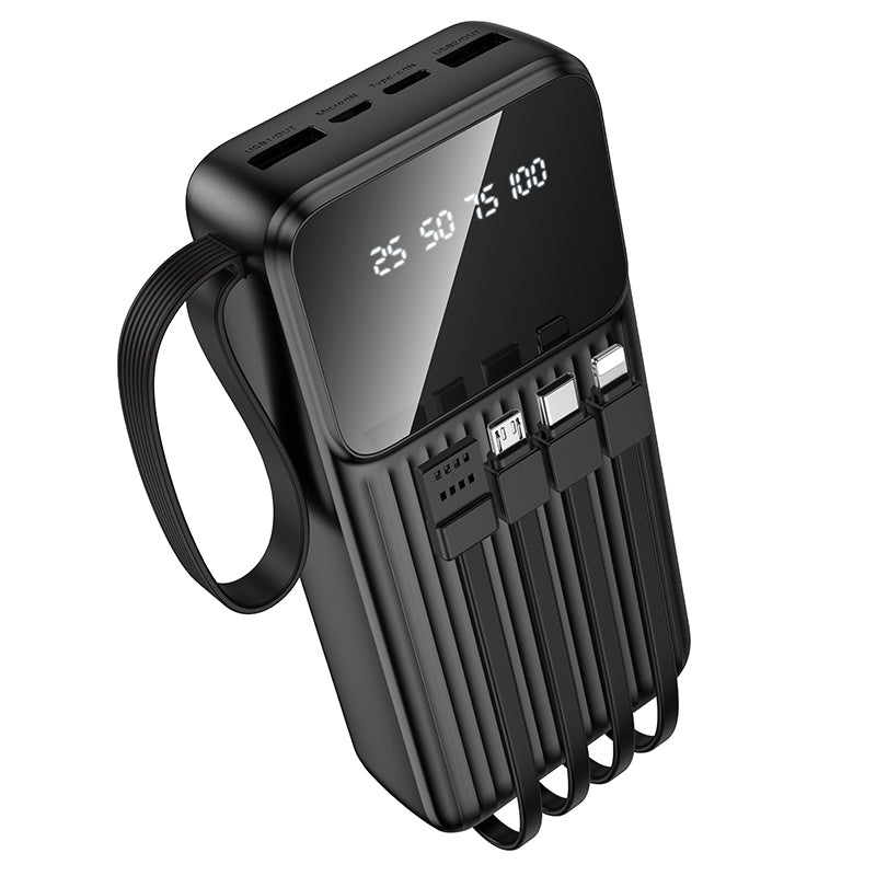 Borofone BJ76A Smart Power Bank 20000mAh me 3 hyrje USB-C, Lightning dhe Micro-USB, 5 dalje për karikimin e disa pajisjeve njëkohësisht, kabllo të integruara, material ABS + PC dhe dizajn kompakt. Power bank ideal për iPhone, Samsung, Xiaomi, Huawei dhe pajisje të tjera në Shqipëri. 