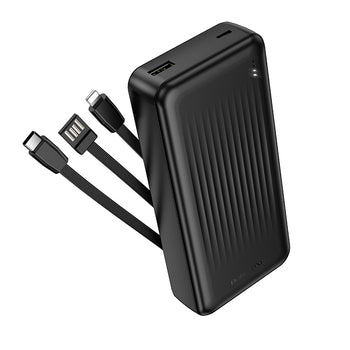 Borofone BJ79A Power Bank 20000mAh me kabllo të integruara USB-C, Lightning dhe Micro-USB, dalje USB-A, bateri me kapacitet të lartë, dizajn kompakt dhe material ABS + PC. Power bank ideal për iPhone, Samsung, Xiaomi, Huawei dhe pajisje të tjera, perfekt për udhëtime dhe përdorim të përditshëm në Shqipëri.