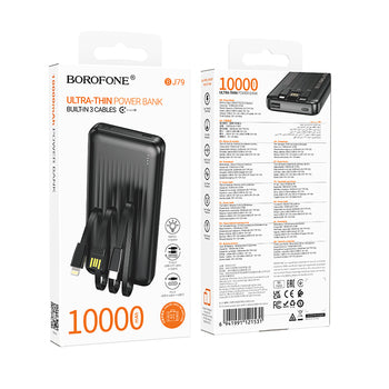 Borofone BJ79 Clever Power Bank 10000mAh me kabllo të integruara USB-C dhe Lightning, dalje USB-A, ekran LED për nivelin e baterisë, karikim të dy pajisjeve njëkohësisht, bateri Lithium-Polymer dhe dizajn kompakt. Power bank ideal për iPhone, Samsung, Xiaomi, Huawei dhe pajisje të tjera në Shqipëri.
