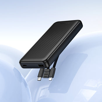 Borofone BJ79 Clever Power Bank 10000mAh me kabllo të integruara USB-C dhe Lightning, dalje USB-A, ekran LED për nivelin e baterisë, karikim të dy pajisjeve njëkohësisht, bateri Lithium-Polymer dhe dizajn kompakt. Power bank ideal për iPhone, Samsung, Xiaomi, Huawei dhe pajisje të tjera në Shqipëri.