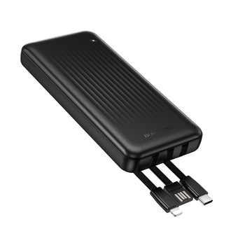 Borofone BJ79 Clever Power Bank 10000mAh me kabllo të integruara USB-C dhe Lightning, dalje USB-A, ekran LED për nivelin e baterisë, karikim të dy pajisjeve njëkohësisht, bateri Lithium-Polymer dhe dizajn kompakt. Power bank ideal për iPhone, Samsung, Xiaomi, Huawei dhe pajisje të tjera në Shqipëri.