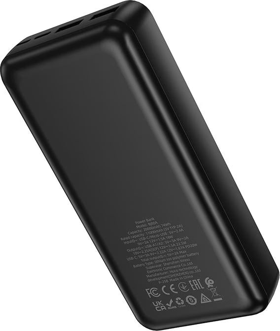 Borofone BJ80A Clever Power Bank 20000mAh me Quick Charge 3.0 22.5W, Power Delivery PD 20W, 2 porta USB-A, USB-C, Micro USB, bateri Li-Polymer 74Wh, tregues LED dhe material ABS + PC. Power bank ideal për iPhone, Samsung, Xiaomi, Huawei, tabletë dhe pajisje të tjera në Shqipëri.