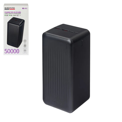 Borofone BJ80C Power Bank 50000mAh me karikim të shpejtë 22.5W, Power Delivery PD 20W, Quick Charge 3.0, 2 porta USB-A, USB-C, hyrje Micro-USB, tregues LED dhe kapacitet të madh për karikimin e deri në 3 pajisjeve njëkohësisht. Power bank ideal për iPhone, Samsung, Xiaomi, Huawei dhe pajisje të tjera në Shqipëri.