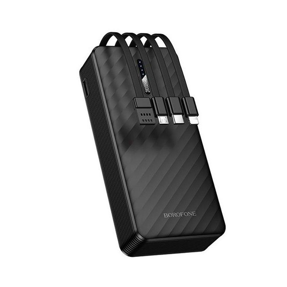 Borofone BJ84A Power Bank 20000mAh me kabllo të integruara USB-C, Lightning, Micro USB dhe USB-A, 2 hyrje, 4 dalje, bateri Lithium Polymer, karikim të disa pajisjeve njëkohësisht, dizajn kompakt dhe i miratuar për udhëtime me avion. Power bank ideal për iPhone, Samsung, Xiaomi, Huawei dhe pajisje të tjera në Shqipëri.