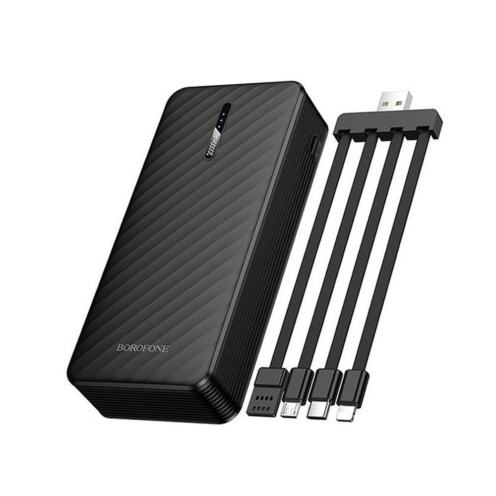 Borofone BJ84A Power Bank 20000mAh me kabllo të integruara USB-C, Lightning, Micro USB dhe USB-A, 2 hyrje, 4 dalje, bateri Lithium Polymer, karikim të disa pajisjeve njëkohësisht, dizajn kompakt dhe i miratuar për udhëtime me avion. Power bank ideal për iPhone, Samsung, Xiaomi, Huawei dhe pajisje të tjera në Shqipëri.